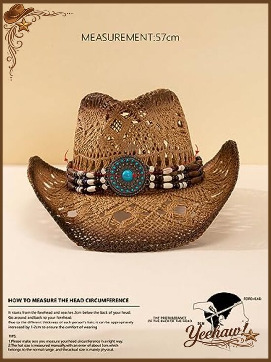 Straw Cowboy Hat with Ombre Bead Design for Summer Beach Sun Protection